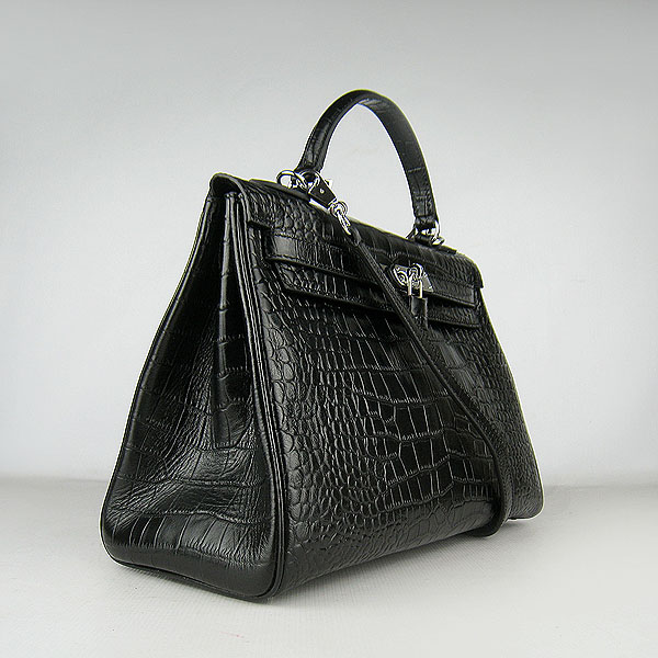 7A Replica Hermes Kelly 32cm Crocodile Veins Leather Bag Black 6108 - Click Image to Close